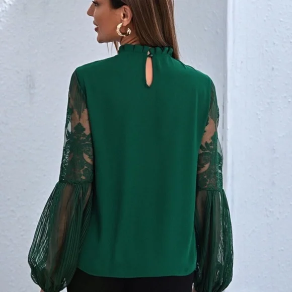 Green Floral Sheer Stripes Sleeve Minimalist Blouse - Picture 2 of 6
